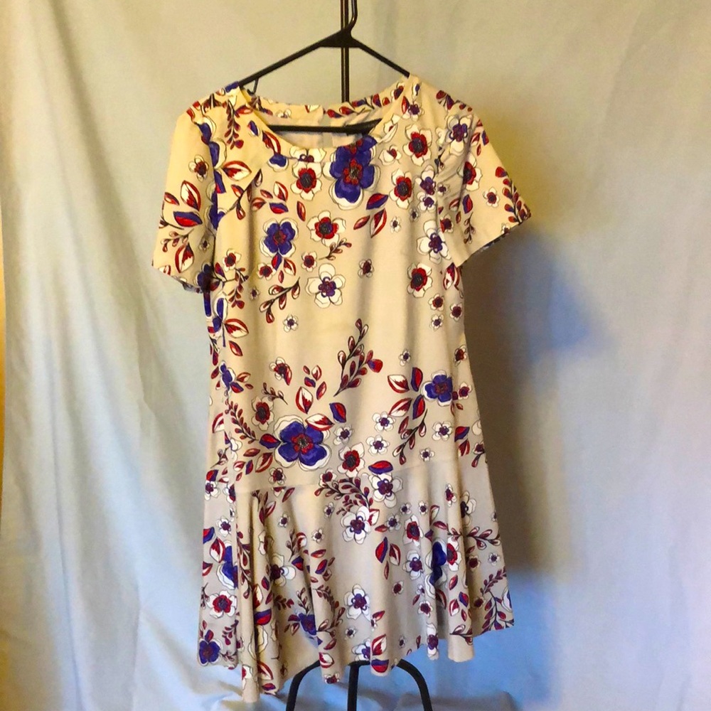 Banana Republic grey/burgundy/blue floral dress w flare and back button